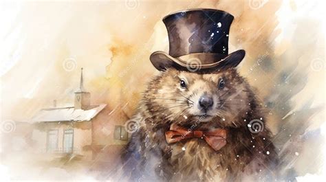 Classic Watercolor Groundhog Day with Punxsutawney Phil and Snow AI ...