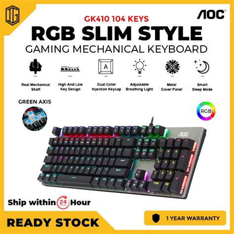 AOC GK410 Wired Gaming Mechanical Keyboard 104 Keys Green Axis High Low ...