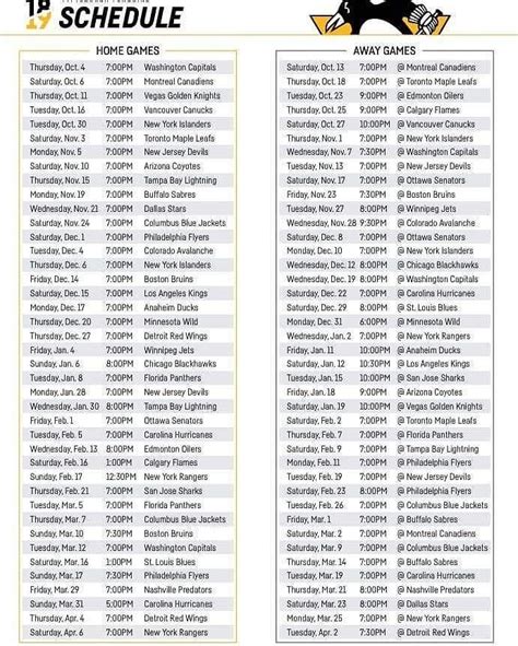 Pittsburgh Penguins Schedule Printable