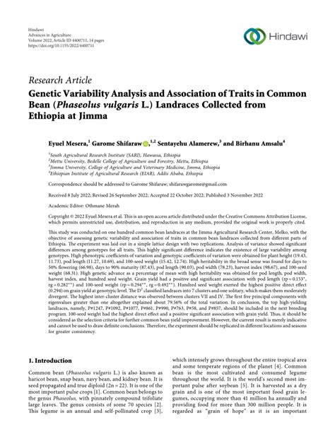 PDF Genetic Variability Analysis And Association Of Traits In Common