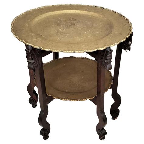 Anglo Indian Engraved Round Polished Brass Tray Coffee Table On Wooden Stand For Sale At 1stdibs