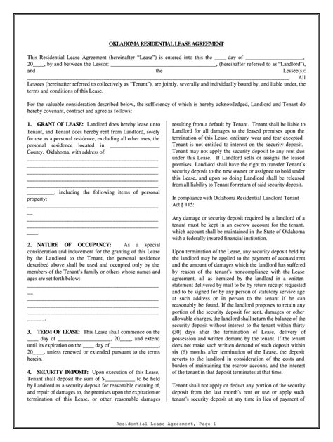 Free Oklahoma Standard Residential Lease Agreement Word Pdf Eforms Free Oklahoma Lease