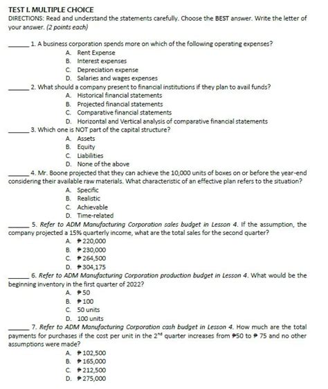 Test I Multiple Choice Directions Read And Chegg