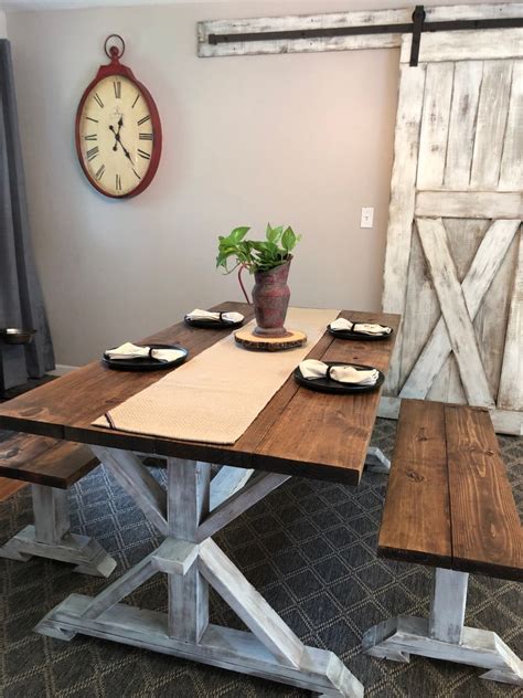 Rustic Pedestal Farmhouse Table With Benches Provincial Brown Etsy