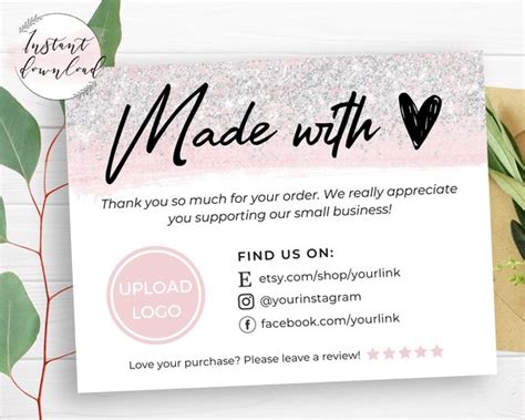 Made With Love Thank You Card Etsy Editable Business Template Etsy