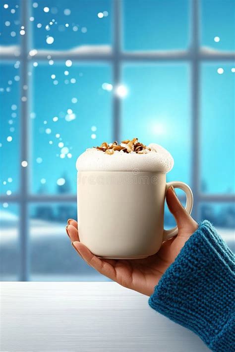 Cozy Winter Scene With Hand Holding Hot Chocolate Mug Near Window Stock Illustration