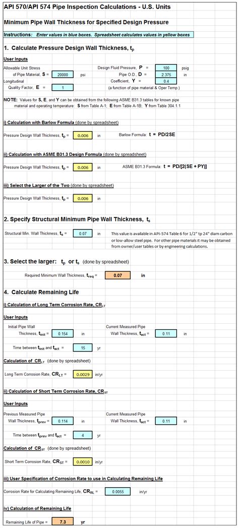 API 570 Piping Inspection Calculations Spreadsheet Low Cost Easy To