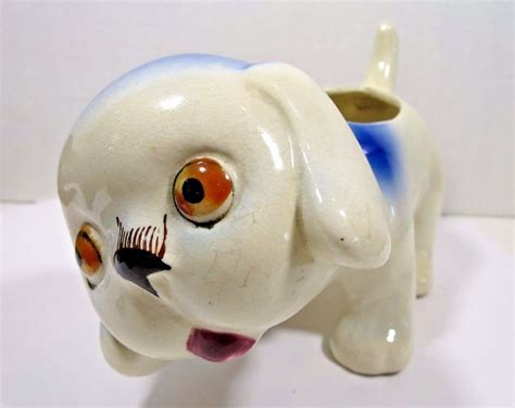 Vintage Puppy Pottery Planter Dog Made In Japan Big Eyes Porcelain