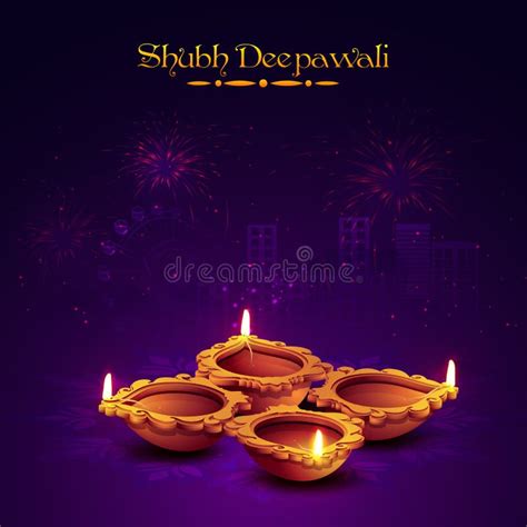 Traditional Illuminated Lit Lamps For Happy Diwali Stock Illustration