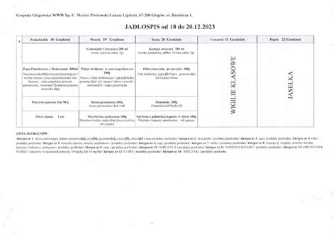 Jadłospis od 18 do 20 12 2023r Szkoła Podstawowa w Jaczowie