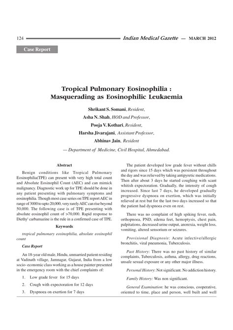 Pdf Tropical Pulmonary Eosinophilia Masquerading As Eosinophilic