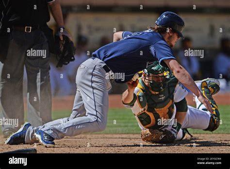 Oakland Athletics Catcher Stephen Vogt 21 Tags Out Tampa Bay Rays