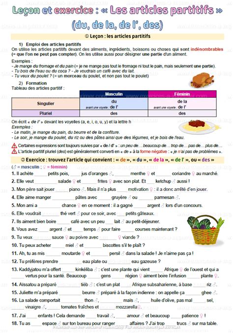 Exercices Sur Les Partitifs Pratique Fran Ais Fle Fiches Pedagogiques