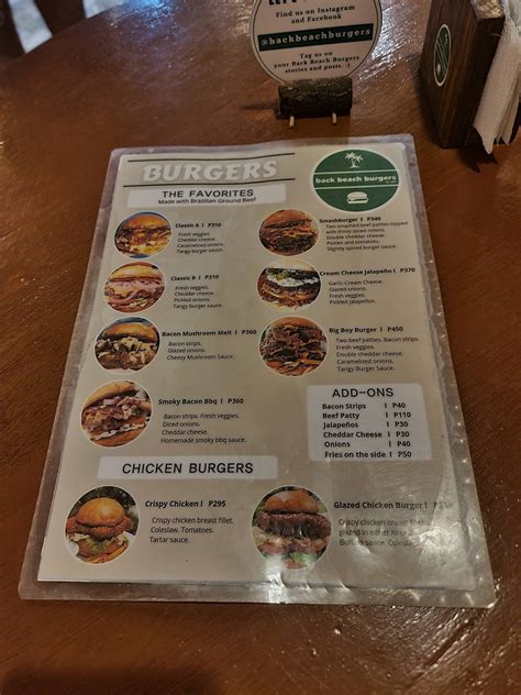 Menu At Back Beach Burgers Boracay Restaurant Malay