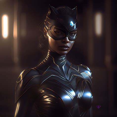 A Woman Dressed As Catwoman Standing In A Dark Room With Light Shining