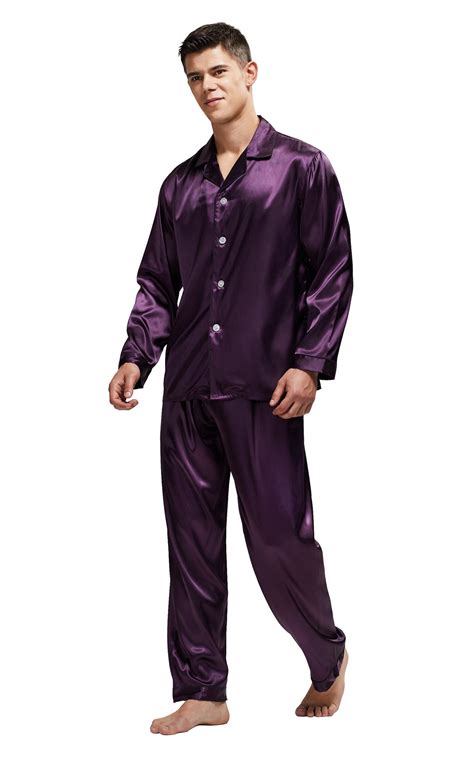 Mens Silk Satin Pajama Set Long Sleeve Dark Purple With Black Piping Tony And Candice