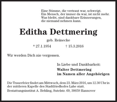 Traueranzeigen Von Editha Dettmering Trauer Anzeigen De