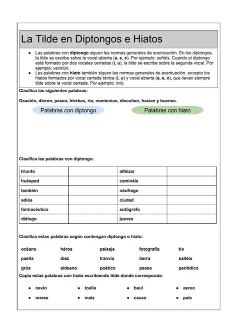 La Tilde En Los Diptongos E Hiatos Worksheet Live Worksheets