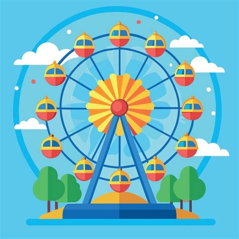 Amazing Colorful Ferris Wheel In Amusement Park With Sunshine Blue Sky