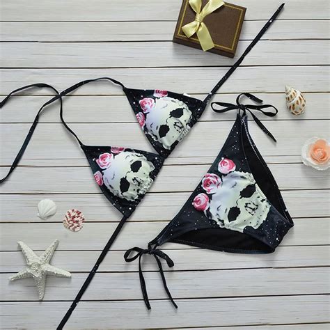 Skeleton Printed Bikini Set Skull 2 Pieces Bandage Strappy Swimwear