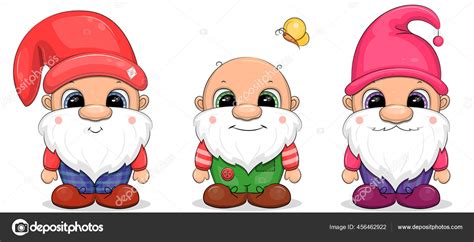 Tiga Kartun Gnome Lucu Dan Satu Kupu Kupu Ilustrasi Vektor Vektor Stok