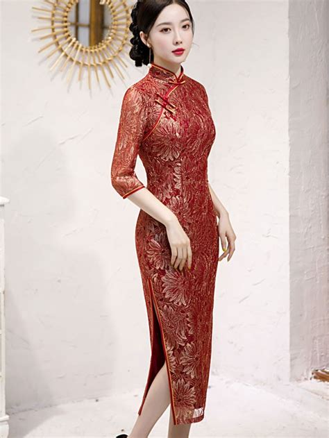 Red Lace Bridal Mothers Wedding Cheongsam Qipao Dress Cozyladywear