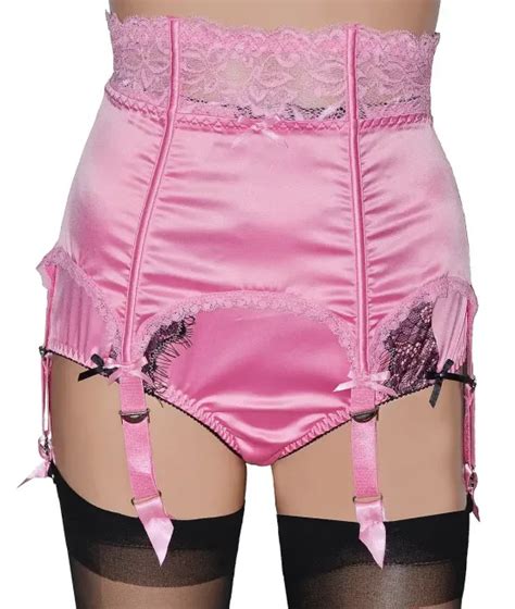 Pink Satin High Waist 6 Strap Suspender Belt With Lace Trims