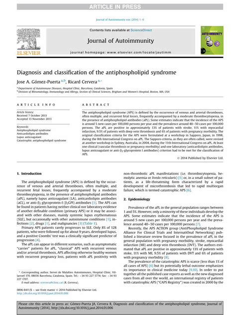 PDF Diagnosis And Classification Of The Antiphospholipid Syndrome