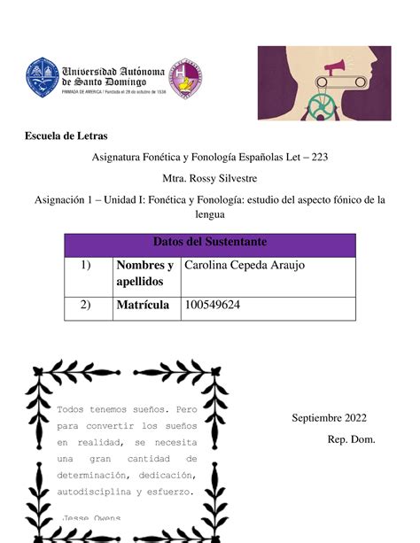 Fonetica Y Fonologia Trabajo Unidad 1 Escuela De Letras Asignatura