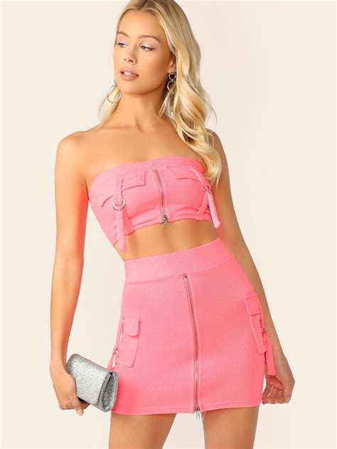 Zipped Crop Top And Mini Skirt Set Shirts Women Fashion Mini Skirts