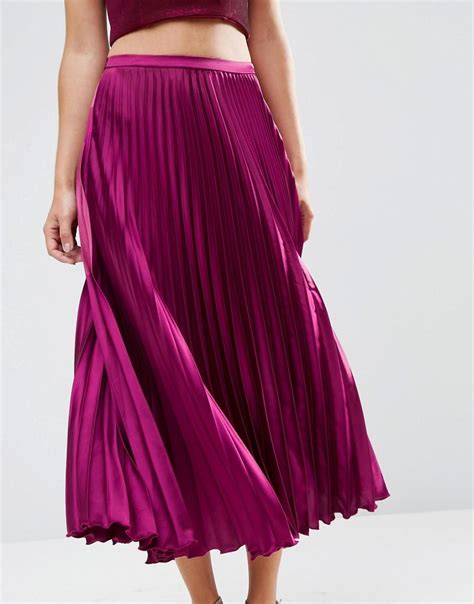 Lyst Asos Midi Skirt In Pleated Satin In Purple