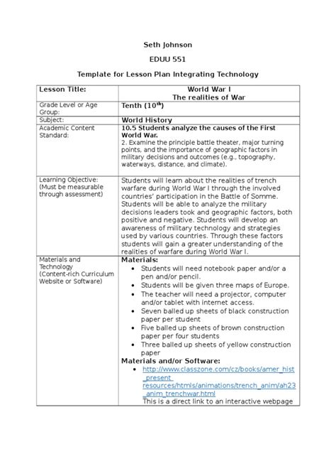 Template Lesson Plan Integrating Technology Test Assessment Reading Comprehension