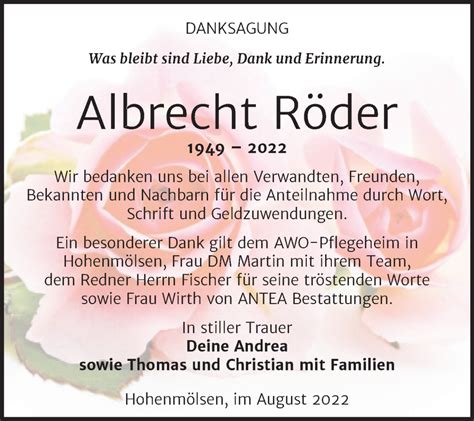 Traueranzeigen Von Albrecht R Der Abschied Nehmen De