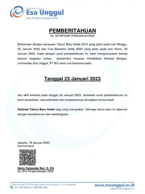 Pemberitahuan Sdm Libur Tahun Baru Imlek 2023 Cuti Bersama 1 Pdf