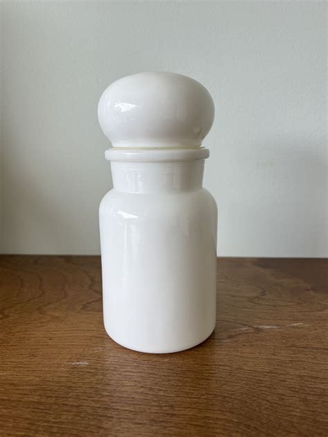 Vintage White Milk Glass Apothecary Jars Made In Belgium Bubble Top Red Graphics Pair Artofit