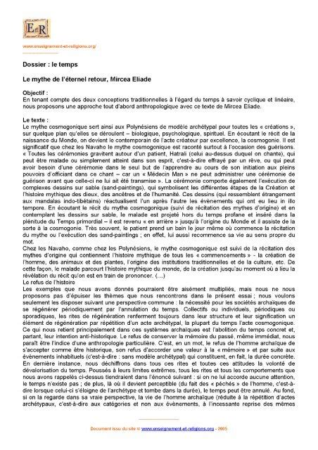 Mircea Eliade Le Mythe De L Ternel Retour Enseignement Et