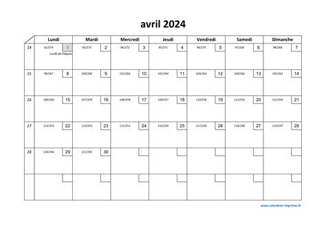 Calendrier Avril 2024 à Imprimer