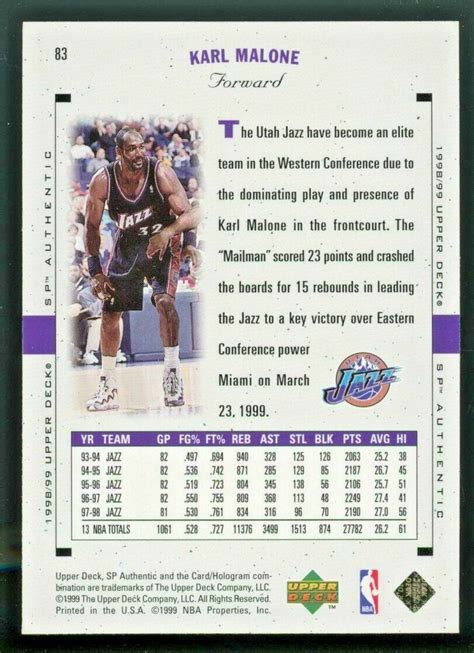 Sp Authentic Utah Jazz Basketball Card Karl Malone Ebay