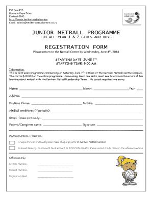 Fillable Online Junior Netball Programme Registration Form Kerikeri