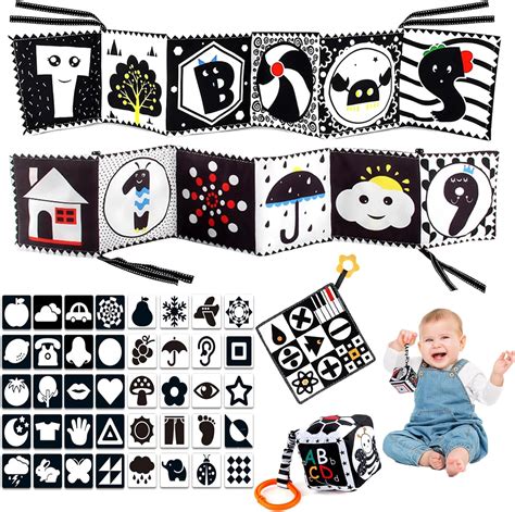 Livre Noir et Blanc Bébé Tissu Sensoriel Livre Eveil Bebe 0 3 6 12 Mois