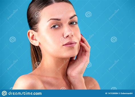 Close Up Beauty Portrait Of Young Woman Brunette Smiling And Touching