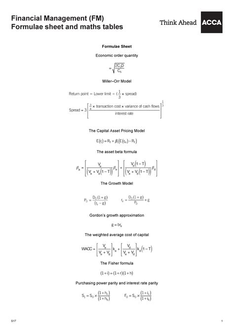 Fm S17 Formulae And Tables S17 1 Financial Management Fm Formulae Sheet And Maths Tables