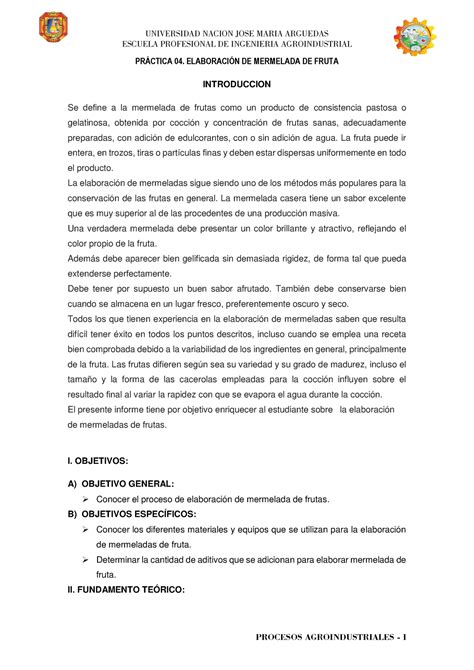 Práctica 04 Mermelada Universidad Nacion Jose Maria Arguedas Escuela Profesional De