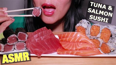 Asmr Tuna And Salmon Sushi Sashimi And Maki Rolls Eating Sounds No Talking Youtube