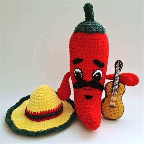 Crochet Plush Hot Chili Pepper In Sombrero Hat With Guitar Velvet Mexican Pepper With Eyes