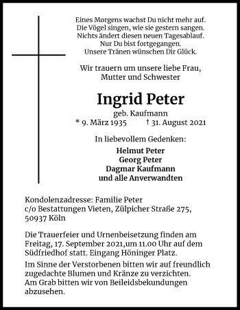 Traueranzeigen Von Ingrid Peter WirTrauern