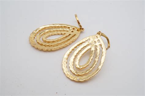 Vintage Monet Dangle Earrings Gold Tone Textured Gem