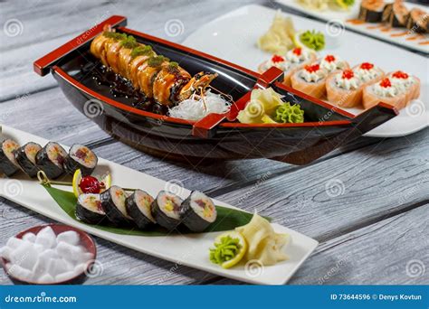 Sushi Boat And Plates Stock Photo Image Of Feast Background 73644596