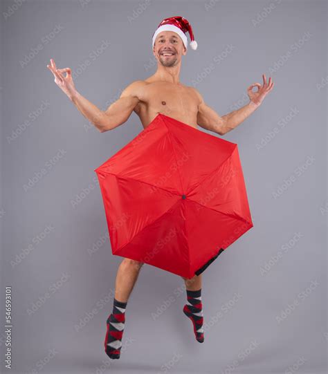 Crazy Amazed Brutal Naked Santa Covered Underwear With Umbrella Naked