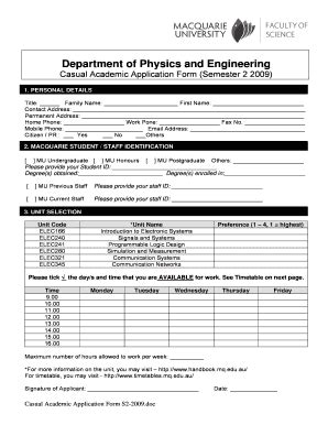 Fillable Online Engineering Mq Edu Casual Academic Application Form S